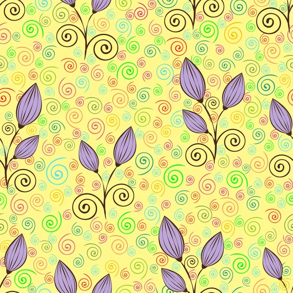 Abstract flowers seamless pattern, outline drawing, minimalistic illustration, vector background. Purple closed buds, brown stalks and bright multicolored spiral curls lace on yellow backdrop