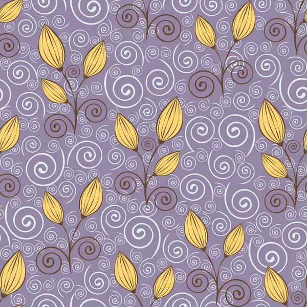 Abstract flowers seamless pattern, outline drawing, minimalistic illustration, vector background. Yellow closed buds, brown stalks and white spiral curls lace on purple backdrop. For fabric design