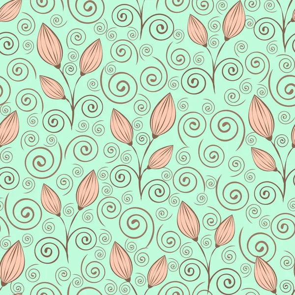 Abstract flowers seamless pattern, outline drawing, minimalistic illustration, vector background. Pink closed flower buds, stalks and spiral curls lace brown on green blue backdrop. For fabric design