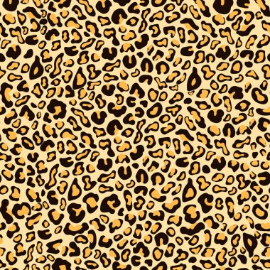 Leopar derisi pürüzsüz desen, hayvan dokusu benekli iz, hayvani süs, vektör arkaplan. Turuncu arka planda kaotik siyah turuncu nokta. Retro duvar kağıdı, kumaş tasarımı, tekstil baskısı