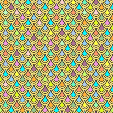 Çok renkli balık pulları, pürüzsüz desen, grafik süsü, hayvani süs, gökkuşağı çizimi, vektör arkaplan. Sıraya dizilmiş renkli parlak yuvarlak pullar. Duvar kağıdı, kumaş tasarımı, tekstil baskısı