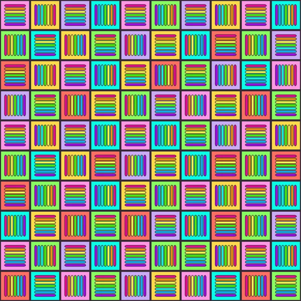 Geometriskt sömlöst mönster med flerfärgade linjer i rutor, regnbågens färger flätade prydnad, prisma grafisk struktur. Dekorativa stroke bakgrund, färgglada linjär yta. Vektorillustration — Stockfoto