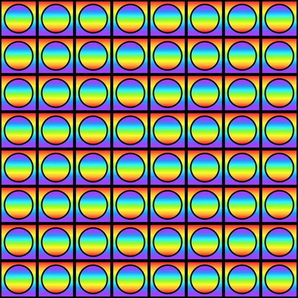 Geometryczny bezszwowy wzór z wielobarwnymi gradientowymi kwadratami i kółkami, tęczowy kolor abstrakcyjny ornament, pryzmat tekstury graficznej. Ozdobne tło geometrii, kolorowa powierzchnia. Ilustracja wektora — Zdjęcie stockowe