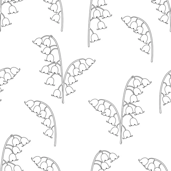 Lily of the valley floral seamless pattern, black and white drawing, coloring, vector illustration. Outline buds flowers bluebells, stalk and leaves isolated on white background. For fabric design