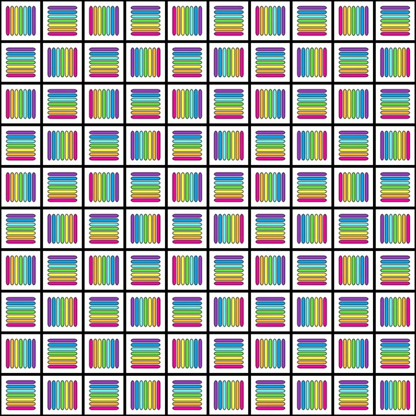 Геометрический бесшовный узор с разноцветными крестовыми линиями, радужными цветами плетеного орнамента, призматической графической текстурой. Декоративные яркие штрихи фона, красочная линейная поверхность. Векторная иллюстрация — стоковое фото