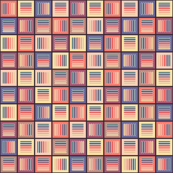 Геометрический бесшовный узор с разноцветными пастельными поперечными линиями в квадратах, винтажным плетеным орнаментом, графической текстурой. Абстрагируется от фона, окрашивает поверхность. Векторная иллюстрация — стоковое фото