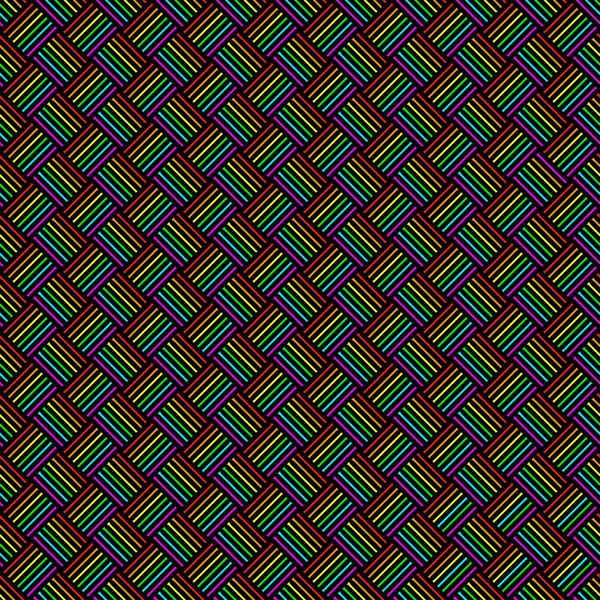Геометрический бесшовный узор с разноцветными крестовыми линиями, радужными цветами плетеного орнамента, призматической графической текстурой. Декоративные яркие штрихи фона, красочная линейная поверхность. Векторная иллюстрация — стоковое фото