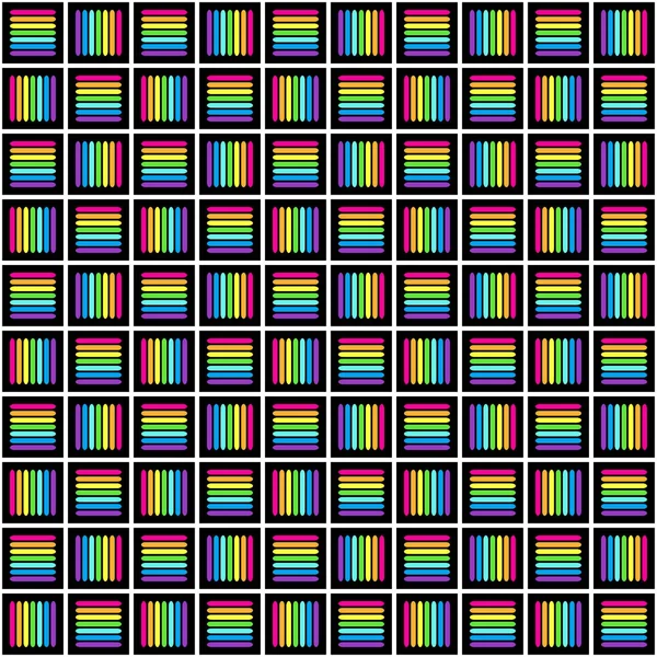 Геометричний безшовний візерунок з різнокольоровими поперечними лініями, веселковими кольорами, плетеним орнаментом, призмами графічної текстури. Декоративні яскраві штрихи фону, барвиста лінійна поверхня. Векторні ілюстрації — стокове фото