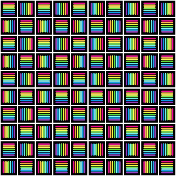 Geometrische nahtlose Muster mit mehrfarbigen Kreuzlinien, in Regenbogenfarben geflochtene Ornamente, grafische Prismenstruktur. Dekorative helle Striche Hintergrund, bunte lineare Oberfläche. Vektorillustration — Stockvektor