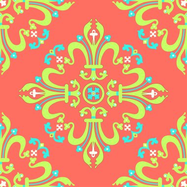 Klasik barok süsü, çiçekli kumaş deseni, vektör illüstrasyonu. Mercan zemin üzerinde yeşil mavi oryantal iz sürme, kumaş tasarımı için antika rokoko romantik dekorasyon, duvar kağıdı