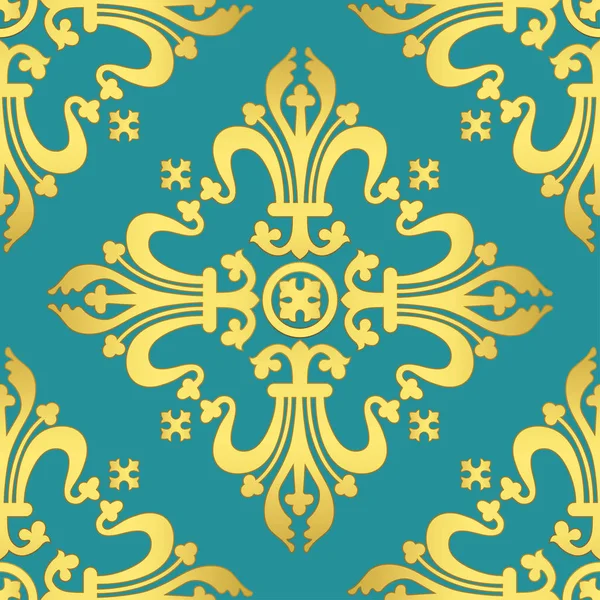 Vintage baroque ornament, damask floral luxury seamless pattern, vector illustration. Gold oriental tracery on turquoise background, retro antique rococo romantic decoration for fabric design — Stock Photo, Image