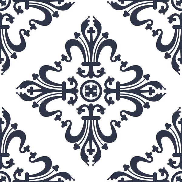 Vintage baroque ornament, damask floral seamless pattern, vector illustration. Navy blue oriental tracery on white background, retro antique rococo romantic decoration for fabric design, wallpaper — Stock Vector