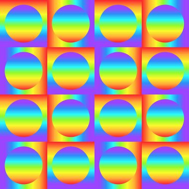 Çok renkli gradyan kareler ve daireler, gökkuşağı renk soyut süslemesi, prizma grafik dokusu olan geometrik dikişsiz desen. Dekoratif geometri arka planı, renkli yüzey. Vektör illüstrasyonu