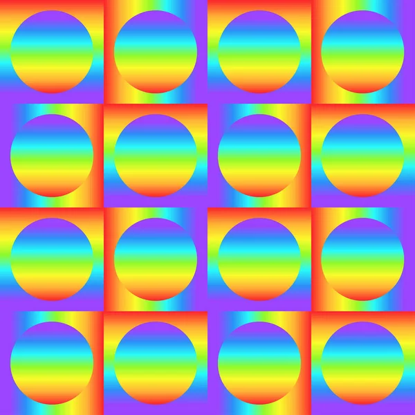 Геометрический бесшовный узор с разноцветными градиентными квадратами и кругами, радужный цвет абстрактного орнамента, призматическая графическая текстура. Декоративная геометрия фона, красочная поверхность. Векторная иллюстрация — стоковое фото