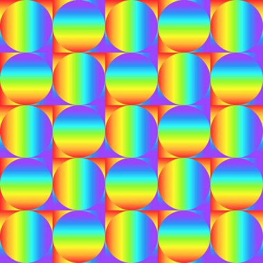 Çok renkli gradyan kareler ve daireler, gökkuşağı renk soyut süslemesi, prizma grafik dokusu olan geometrik dikişsiz desen. Dekoratif geometri arka planı, renkli yüzey. Vektör illüstrasyonu