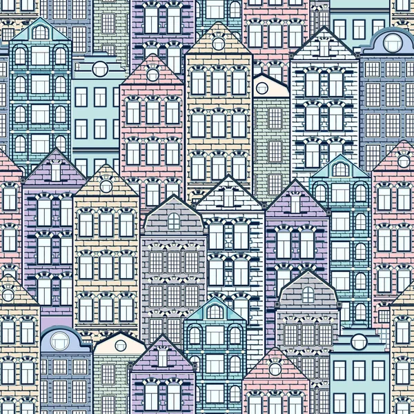 Casas coloridas patrón sin costuras, fondo de la ciudad, paisaje urbano. Multicolor pastel casa de ladrillo europeo, dibujo plano, ornamento de arquitectura, ilustración vectorial. Para el diseño de la tela, papel pintado — Foto de Stock