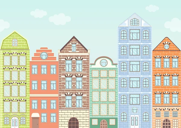Απρόσκοπτη σύνορα με πολύχρωμα σπίτια, αστικό τοπίο, φόντο της πόλης. Χαριτωμένο πολύχρωμα φωτεινά ευρωπαϊκά σπίτια τούβλο σταθεί στη σειρά με μπλε ουρανό και σύννεφα, επίπεδη σχέδιο, πανό, εικονογράφηση διάνυσμα — Φωτογραφία Αρχείου