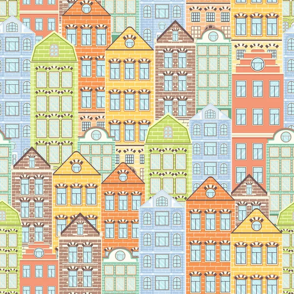 Πολύχρωμα σπίτια χωρίς ραφή μοτίβο, φόντο της πόλης, αστικό τοπίο. Πολύχρωμα φωτεινό ευρωπαϊκό σπίτι τούβλο, επίπεδη σχέδιο, αρχιτεκτονικό στολίδι, διανυσματική απεικόνιση. Για σχεδιασμό υφασμάτων, ταπετσαρία — Φωτογραφία Αρχείου