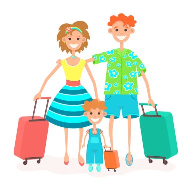 Aile tatile gidiyor, düz renkli çizim. Çizgi film karakteri baba, anne ve çocuk tekerlekli bavul ile seyahat tatil, beyaz arka plan üzerinde izole gidin. Vektör çizimi