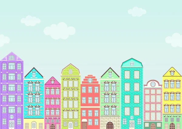 Бесшовная граница с красочными домами, городским пейзажем, городским фоном. Милые разноцветные светлые кирпичные дома Европы стоят в ряд с голубым небом и облаками, плоским рисунком, баннером, векторной иллюстрацией — стоковое фото