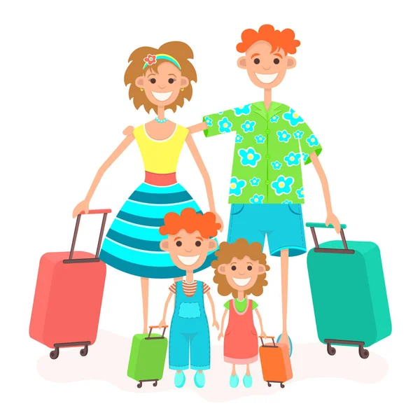 Family goes on vacation, flat colorful drawing. Cartoon character father, mother and children with suitcase on wheels go to in trip travel holiday, isolated on white background. Vector illustration — Stock Photo, Image