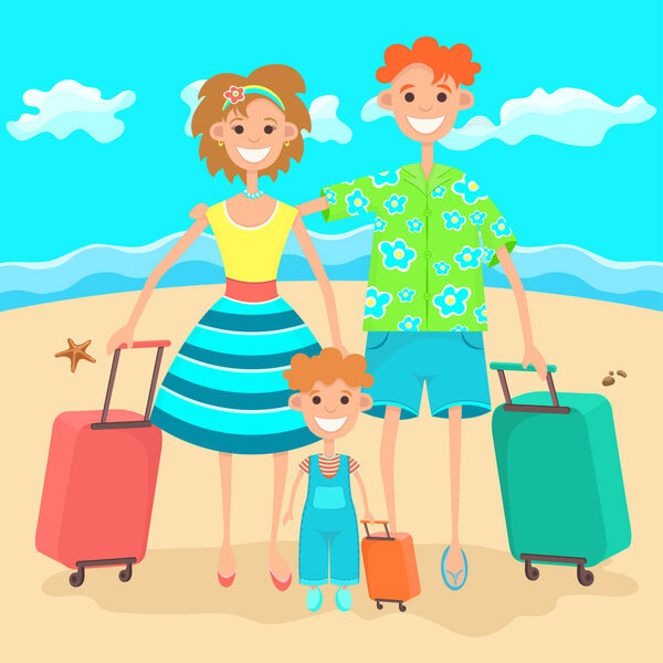 Family goes on vacation, flat colorful drawing. Cartoon character father, mother and and child with suitcase on holiday against the background of the beach, sea and blue sky. Vector illustration