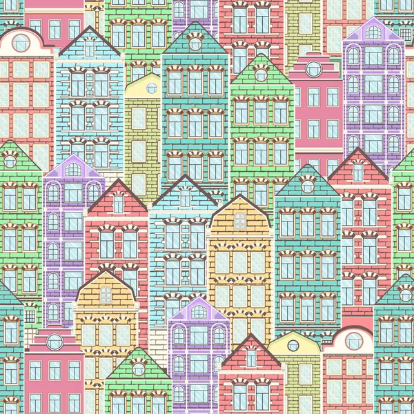 Case colorate modello senza soluzione di continuità, sfondo della città, paesaggio urbano. Multicolore luminoso mattone casa europea, disegno piatto, ornamento architettura, illustrazione vettoriale. Per il design del tessuto, carta da parati — Foto Stock