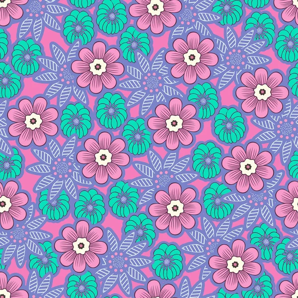 Doodle flores patrón sin costuras, fondo floral de colores. Brotes de flores púrpura y verde sobre fondo rosa, dibujo a mano, adorno delicado para el diseño de la tela, papel pintado, impresión. Ilustración vectorial — Foto de Stock