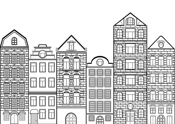 Bordure sans couture avec des maisons de contour, paysage urbain contour, dessin noir et blanc, silhouette, coloriage de fond de la ville. Ligne maisons de briques européennes se tiennent en rangée, bannière, illustration vectorielle — Photo