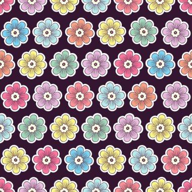 Karalama çiçekleri pürüzsüz desen, renkli çiçek arkaplanı. Koyu arkaplanda beyaz tomurcuklar, el çizimleri, kumaş tasarımı için süslemeler, duvar kâğıdı, baskı. Vektör illüstrasyonu