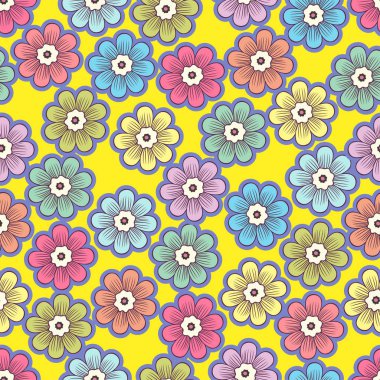 Karalama çiçekleri pürüzsüz desen, renkli çiçek arkaplanı. Sarı arka planda mor tomurcuklar, el çizimi, kumaş tasarımı, duvar kâğıdı, baskı için süslemeler. Vektör illüstrasyonu