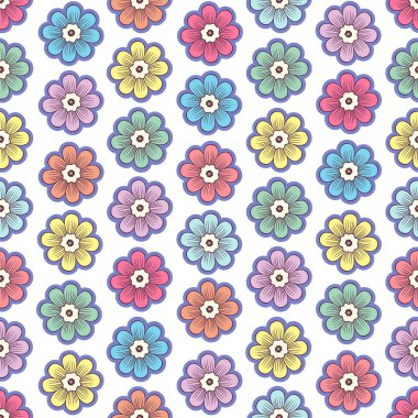 Karalama çiçekleri pürüzsüz desen, renkli çiçek arkaplanı. Beyaz arka planda mor tomurcuklar, el çizimi, kumaş tasarımı, duvar kâğıdı, baskı için süslemeler. Vektör illüstrasyonu