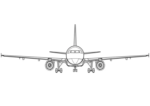 Vliegtuig lineaire zwart-wit tekening volledige gezicht, vliegtuig vooraanzicht, vliegtuig pictogram, schets, vliegende machine silhouet, voertuig kleuren, getrokken vervoer geïsoleerd. Vectorillustratie — Stockfoto