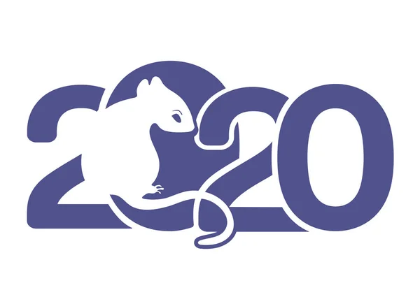 2020 logo, icon, White Metal Rat is a symbol of the 2020 Chinese New Year, greeting holiday card, banner, vector illustration. Blue silhouette zodiac sign rat and numbers isolated on white background