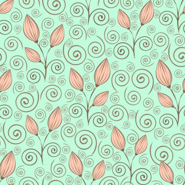 Soyut desensiz çiçekler, taslak çizimler, asgari illüstrasyon, vektör arkaplanı. Pembe kapalı çiçek tomurcukları, saplar ve sarmal bukleler yeşil mavi arka planda kahverengi dantel. Kumaş tasarımı için