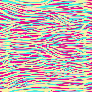 Kaotik düzensiz çizgiler, soyut, dikişsiz desen, zebra izi, hayvani süs, stilize modern illüstrasyon. Renkli parlak sarı turkuaz pembe iç içe geçmiş dalgalar. Duvar kağıdı, kumaş tasarımı