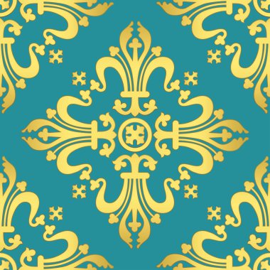 Klasik barok süsü, çiçekli kumaş deseni, vektör illüstrasyonu. Turkuaz arka planda altın oryantal iz sürme, kumaş tasarımı için antika rokoko romantik dekorasyon