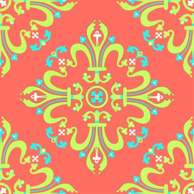 Klasik barok süsü, çiçekli kumaş deseni, vektör illüstrasyonu. Mercan zemin üzerinde yeşil mavi oryantal iz sürme, kumaş tasarımı için antika rokoko romantik dekorasyon, duvar kağıdı