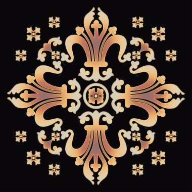 Klasik barok süsü, çiçekli kumaş deseni, vektör illüstrasyonu. Koyu arkaplanda turuncu sarı oryantal iz sürücü, kumaş tasarımı için antika rokoko romantik dekorasyon