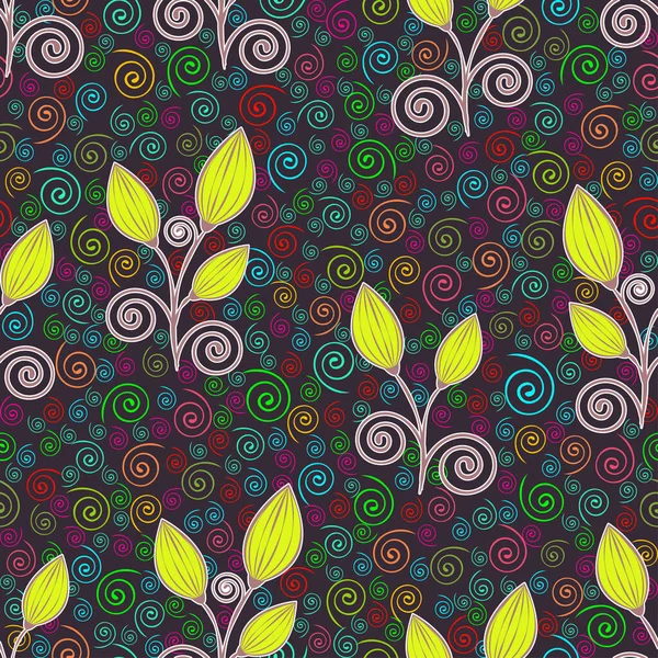 Abstract flowers seamless pattern, outline drawing, minimalistic illustration, vector background. Lime closed bud, brown white stalks and bright multicolored spiral curls lace on dark purple backdrop