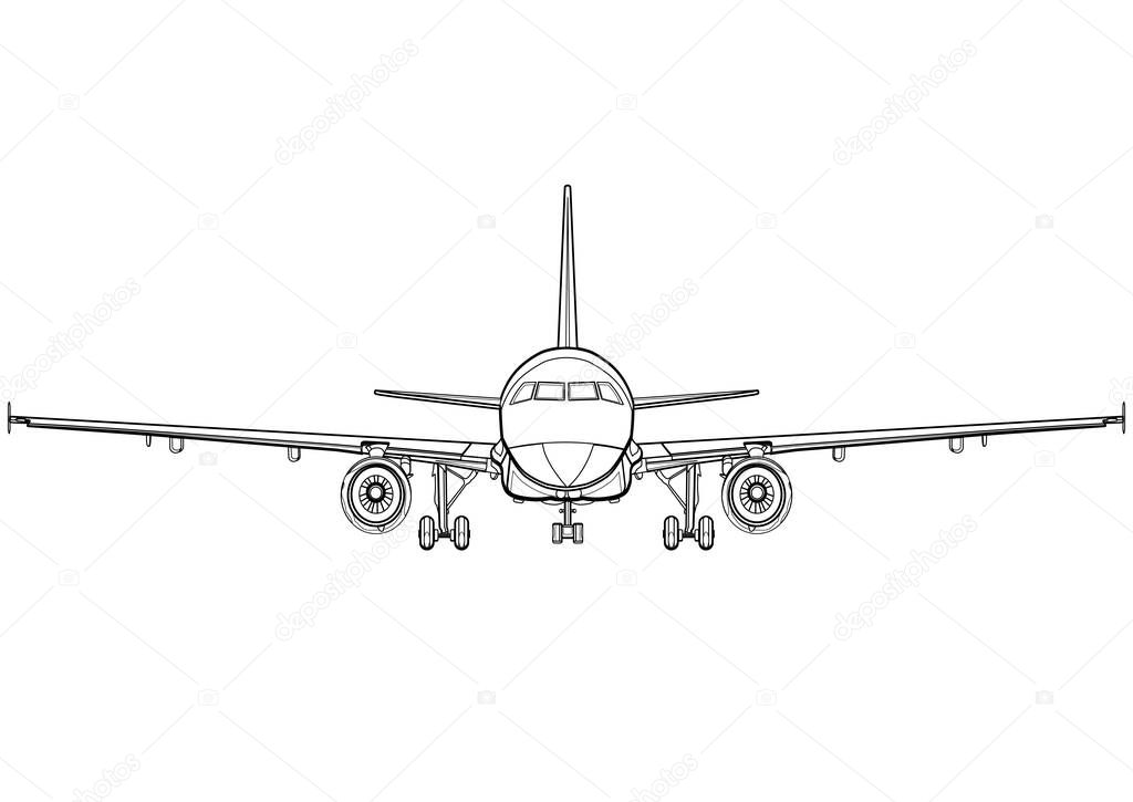 Aircraft linear black and white drawing full face, plane front view, airplane icon, outline sketch, flying machine silhouette, vehicle coloring, drawn transport isolated. Vector illustration