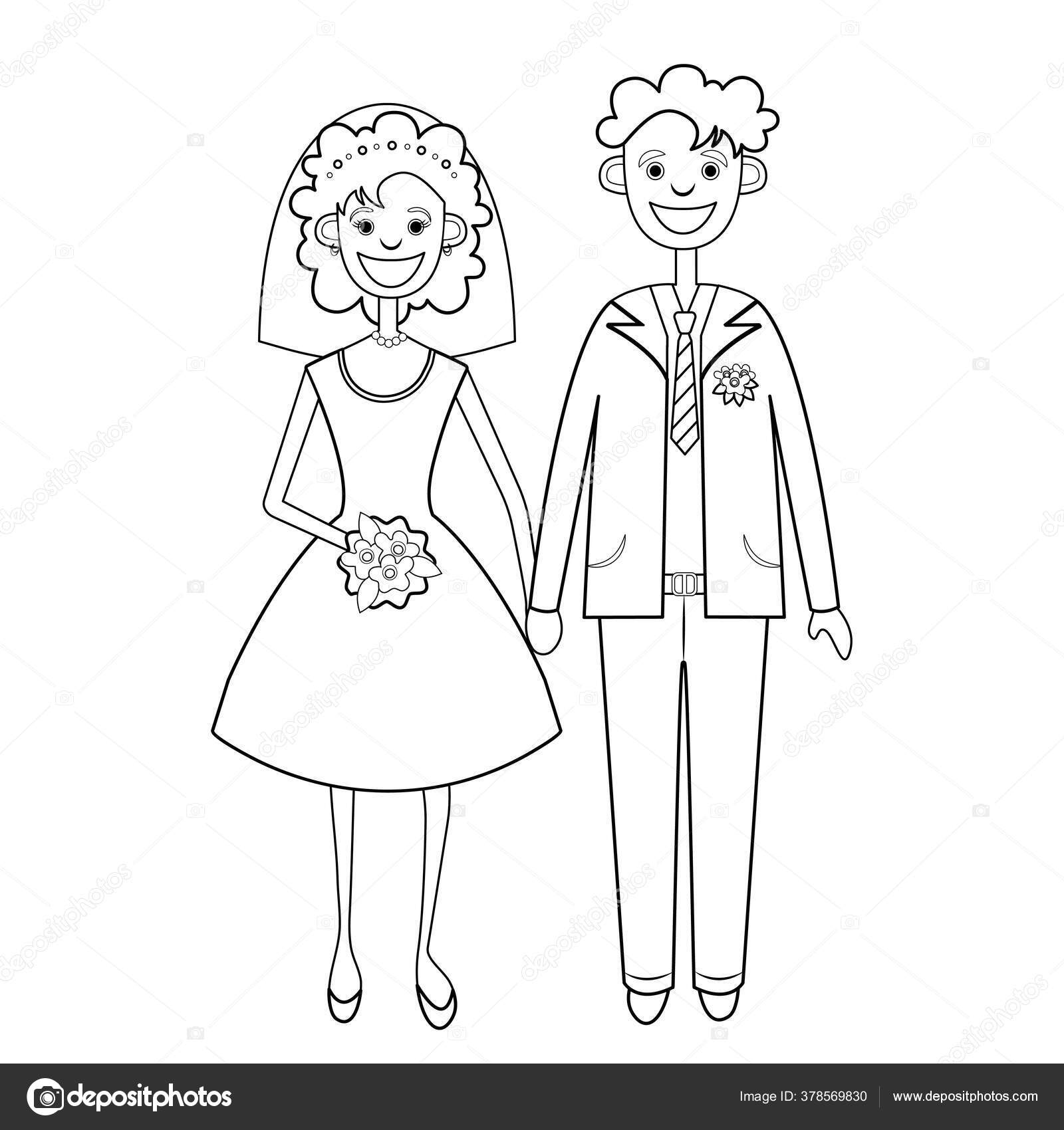Dibujo Blanco Negro Lineal Para Novias Novios Silueta Colorido Caracter Foto De Stock C Eva Che 378569830