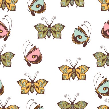 Soyut kelebekler kusursuz desen, el çizimi, tekstil baskısı, vektör çizimi. Beyaz arka planda kanatları olan renkli pastel böcekler. Kumaş tasarımı, duvar kağıdı, ambalaj kağıdı