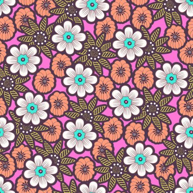 Karalama çiçekleri pürüzsüz desen, renkli çiçek arkaplanı. Beyaz, mercan, pembe arkaplanda sarı çiçek tomurcuğu, el çizimi, kumaş tasarımı için zarif bir süs, duvar kağıdı, baskı. Vektör illüstrasyonu