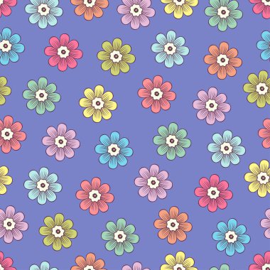 Karalama çiçekleri pürüzsüz desen, renkli çiçek arkaplanı. Mor arka planda taç yaprakları olan çok renkli parlak tomurcuklar, el çizimi, kumaş tasarımı için süs, duvar kağıdı, baskı. Vektör illüstrasyonu