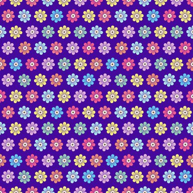 Karalama çiçekleri pürüzsüz desen, renkli çiçek arkaplanı. Mor arka planda taç yaprakları olan çok renkli basit tomurcuklar, el çizimi, kumaş tasarımı için süs, duvar kağıdı, baskı. Vektör illüstrasyonu