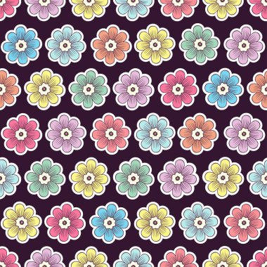 Karalama çiçekleri pürüzsüz desen, renkli çiçek arkaplanı. Koyu arkaplanda beyaz tomurcuklar, el çizimleri, kumaş tasarımı için süslemeler, duvar kâğıdı, baskı. Vektör illüstrasyonu