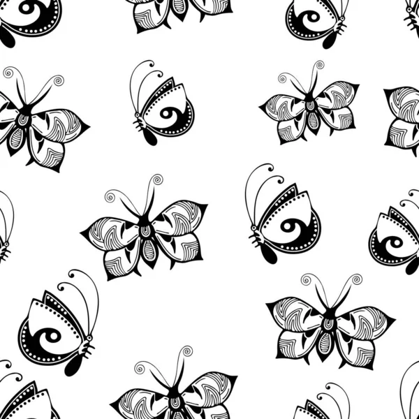 Patrón Sin Costura Mariposas Abstractas Dibujo Mano Blanco Negro Impresión — Foto de Stock