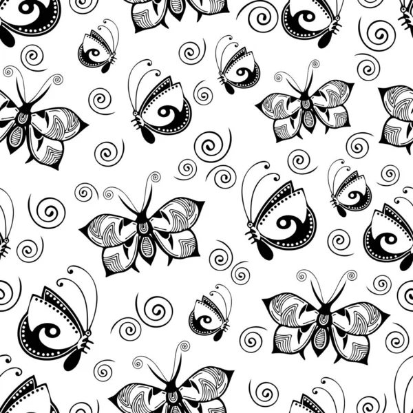 Abstract Butterflies Seamless Pattern Black White Hand Drawing Monochrome Outline — Stock Photo, Image