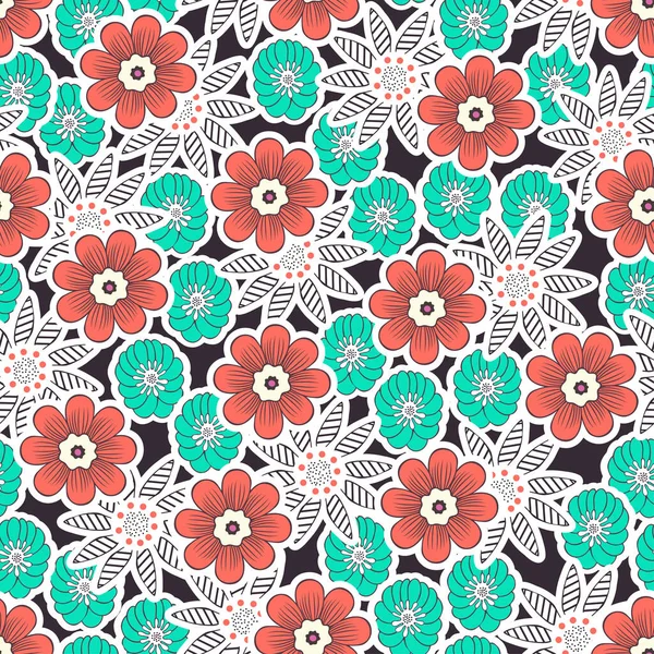 Doodle Flowers Seamless Pattern Colorful Floral Background Coral Green White — Stock Photo, Image